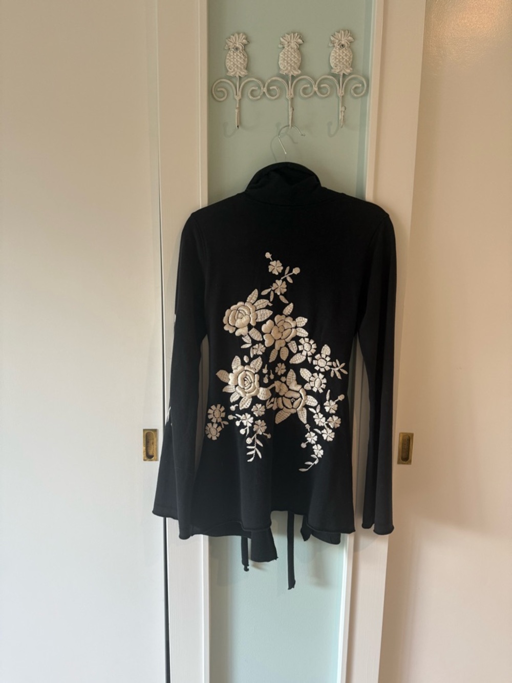 Lucky Brand Black Long Sleeve Top with Ivory Floral Embroidery